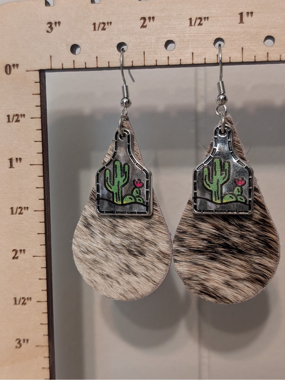 Cowhide Teardrop Earrings with Cactus Accent - Black, White, Tan Handmade